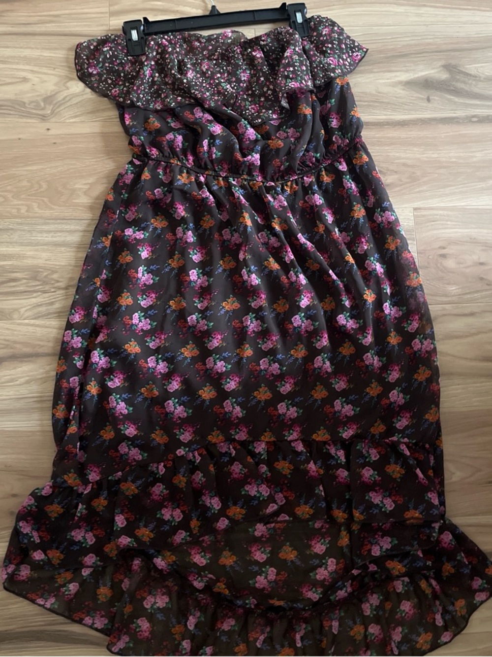 Maurices Brown Strapless Floral Ruffle Mini Dress with Pink and Orange Accents